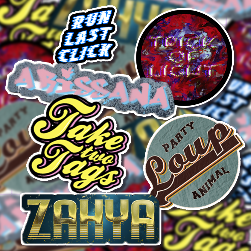 Display picture of bright netrunner stickers, multiple designs.
